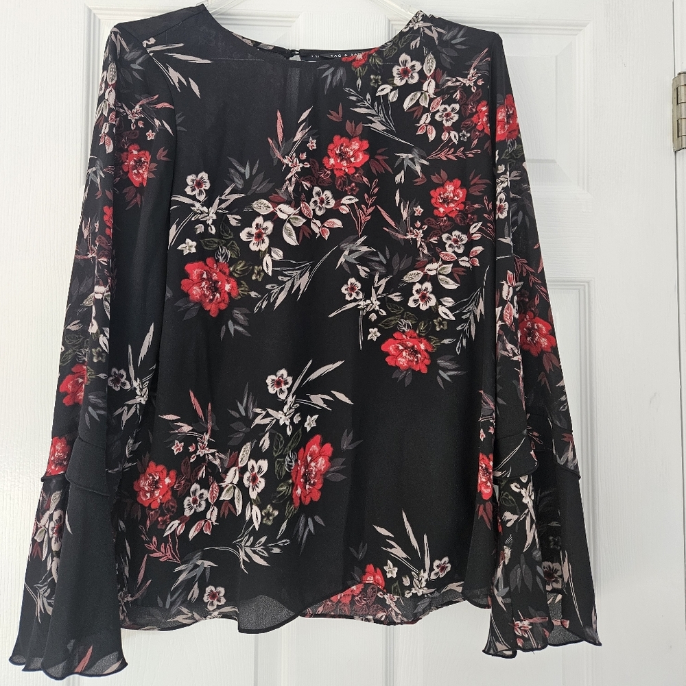 ZAC & RACHEL BEAUTIFUL Floral Print,Bell Sleeve Top L BLOUSE BLACK RED